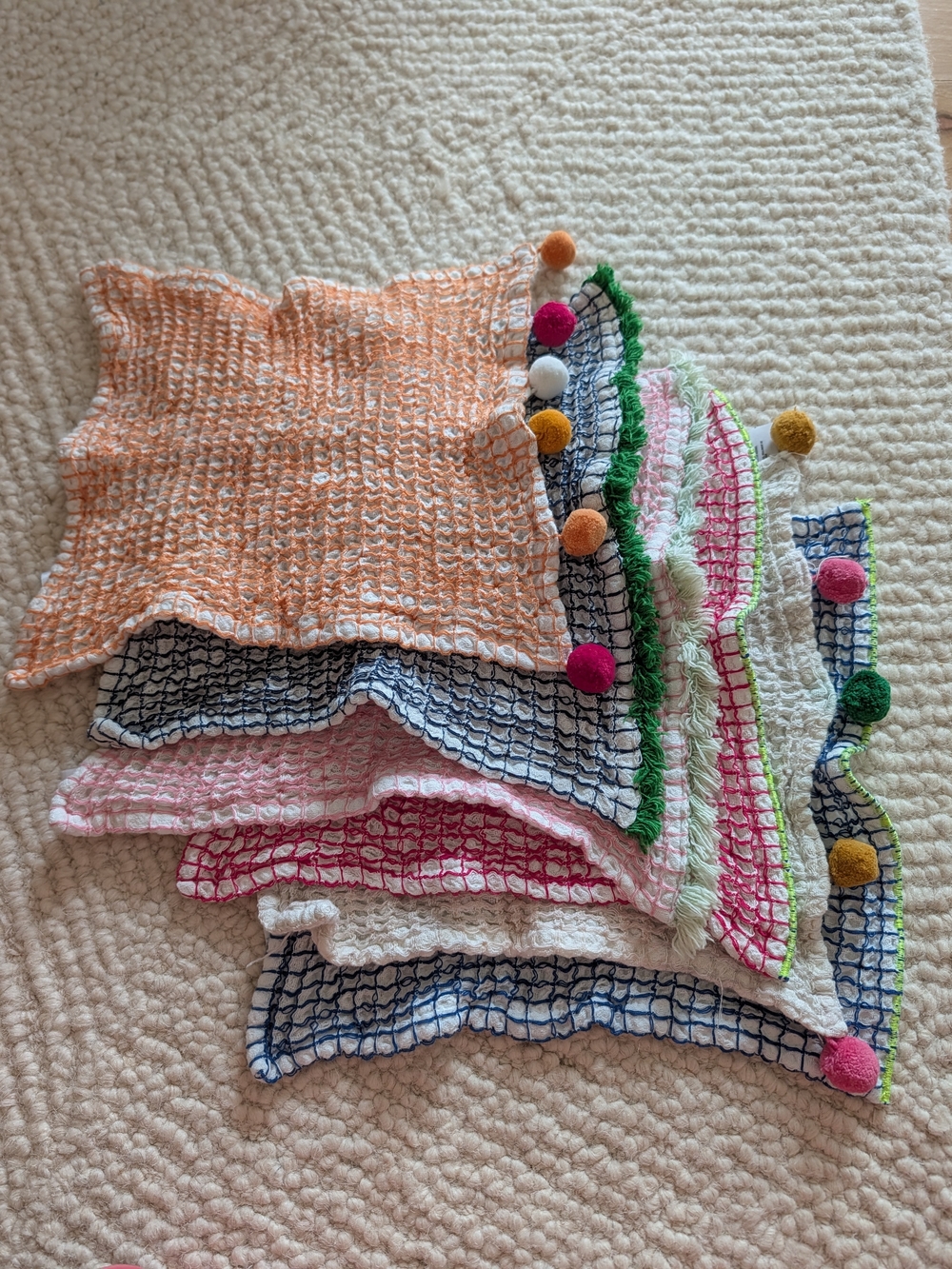 Anthropologie Pom-Pom Trim Mesh Kitchen Cloths in Orange, Pink, Blue, Green
